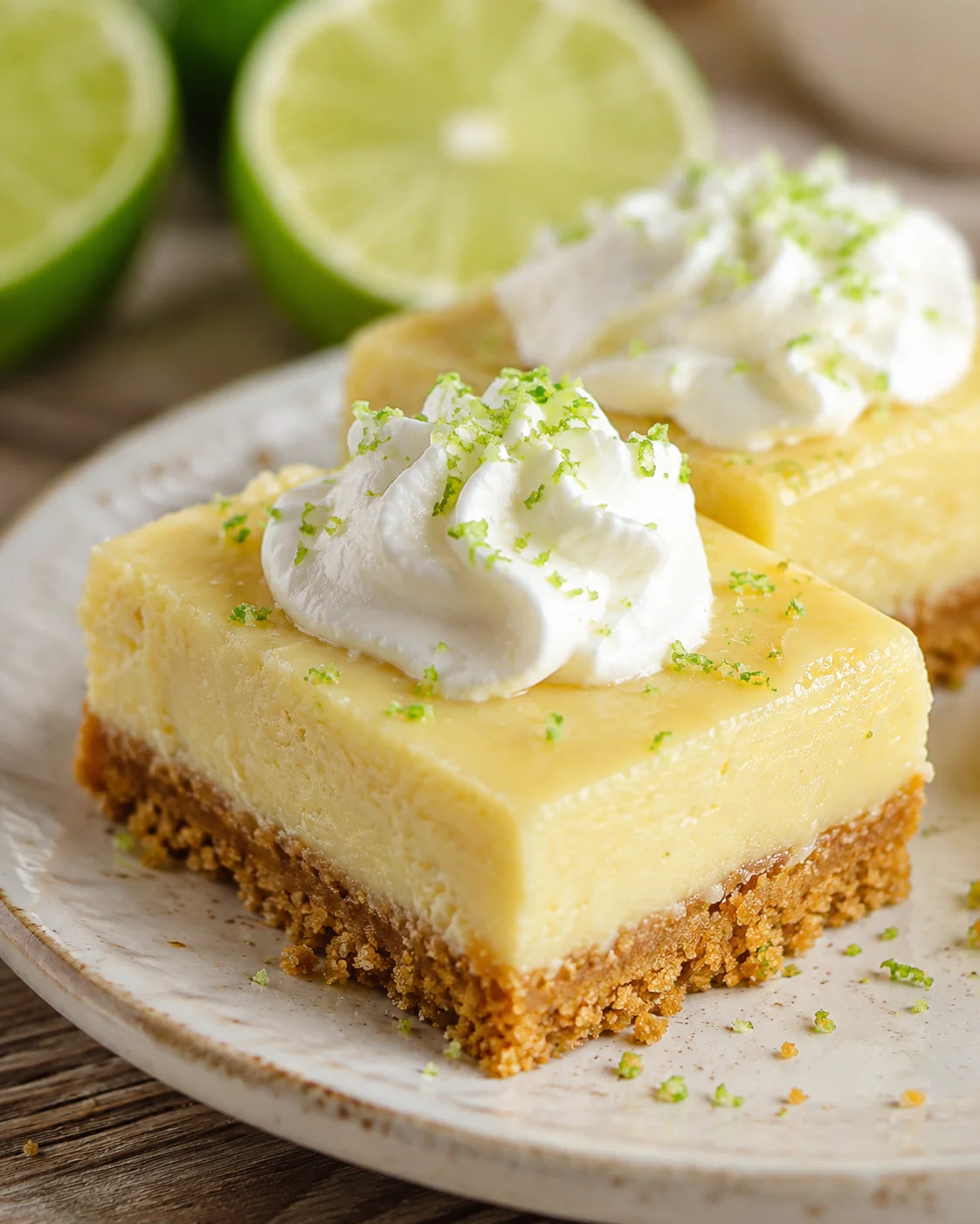 Side view of a key lime pie bar topped with whipped cream and lime zest with halved limes in the background
