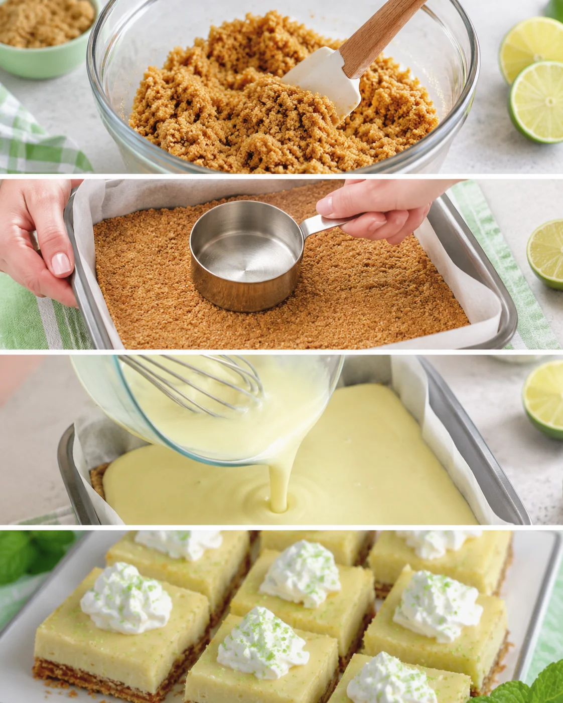 Collage of making key lime pie bars: mixing crust, pressing into pan, pouring filling, and cut bars on a tray