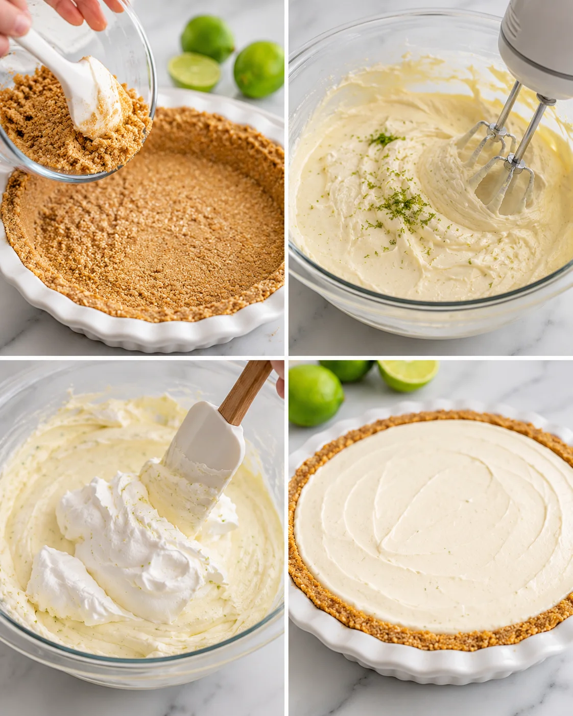 Collage of preparation steps for no-bake key lime pie showing pressing crust, mixing filling, folding in whipped topping, and smoothed filling in crust