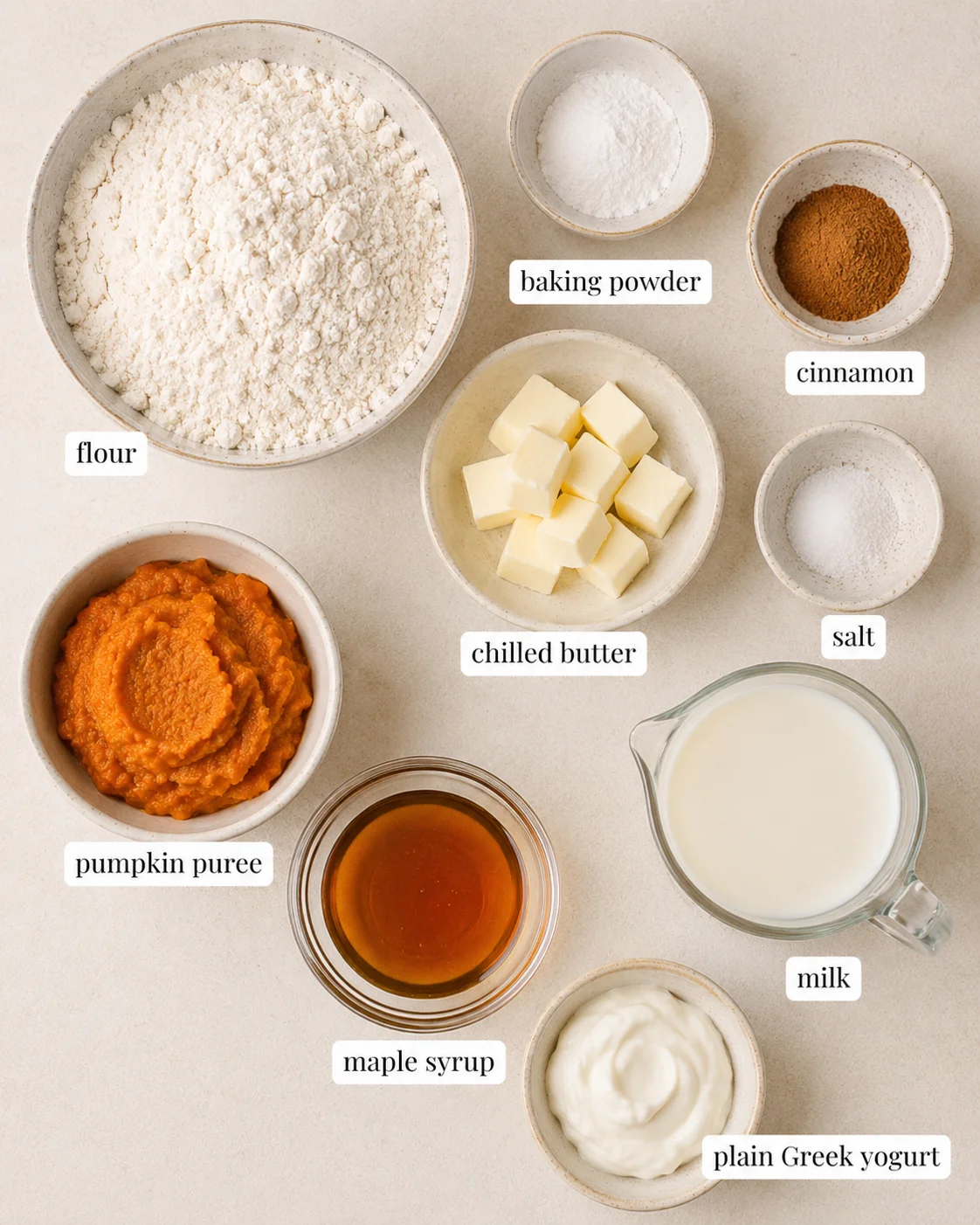 Top-down view of measured ingredients for maple pumpkin scones arranged in bowls labeled.