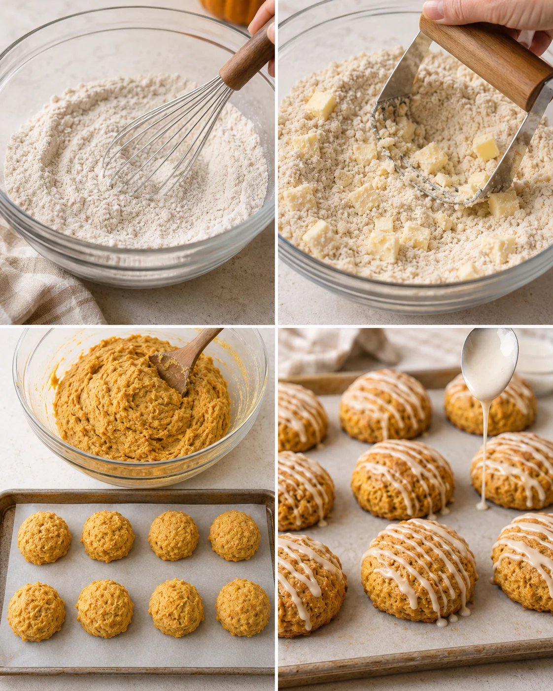 Four-panel photo showing mixing dry ingredients, cutting in butter, mixing the dough, and drizzling glaze over baked scones.