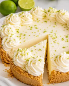 Whole no-bake key lime pie with a slice removed, whipped cream rosettes and lime zest