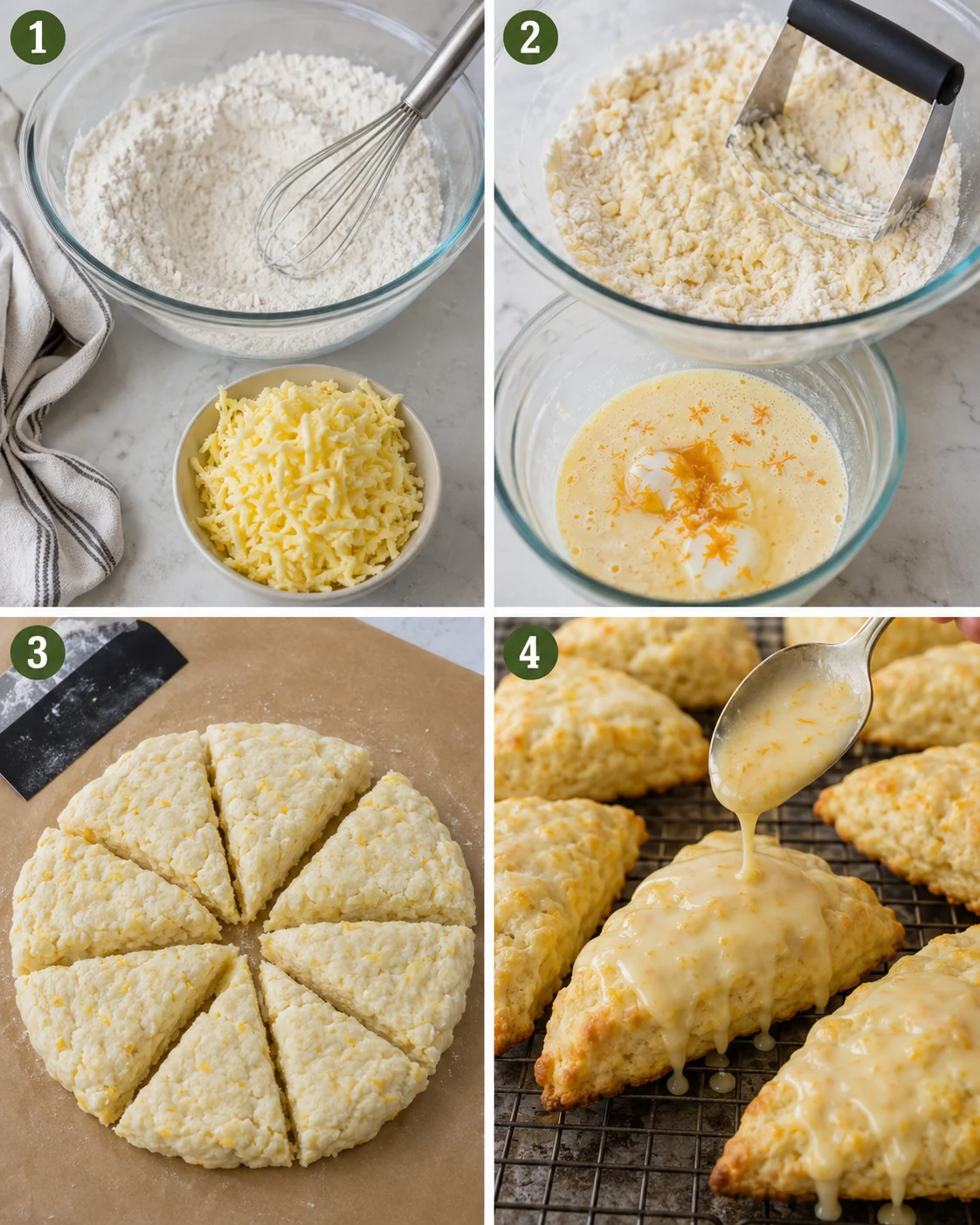 Four-step collage showing mixing, cutting in butter, shaping wedges, and glazing scones