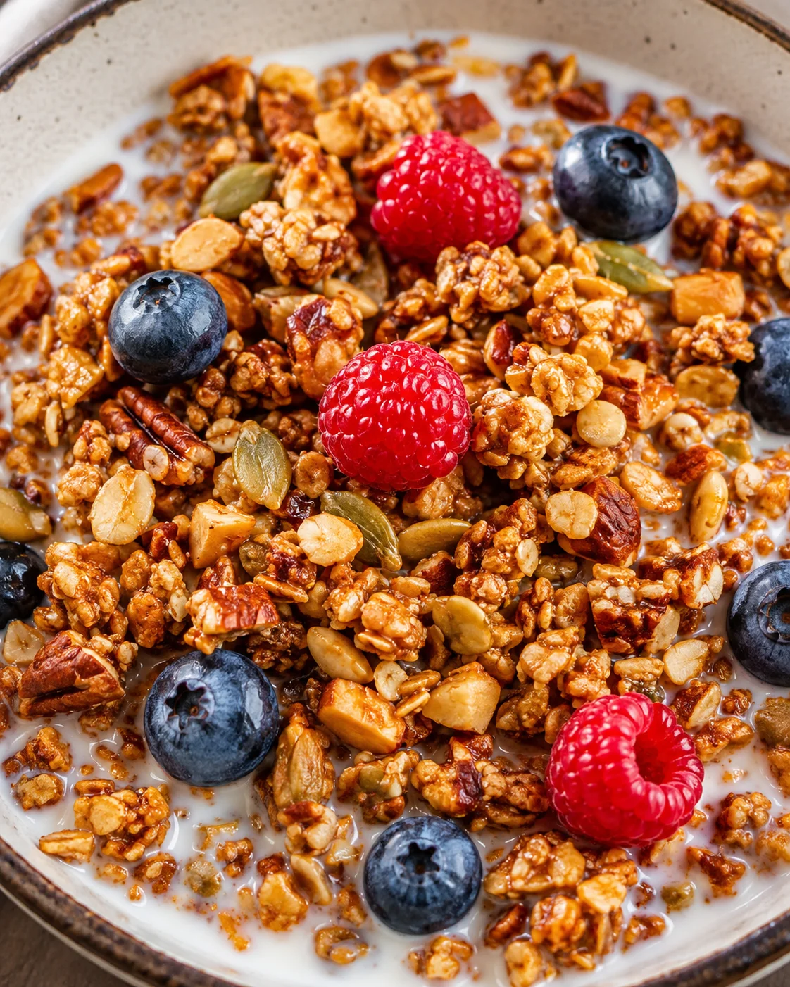 Keto Granola Cereal with Berries Close-up of crunchy keto granola with blueberries and raspberries in a bowl.