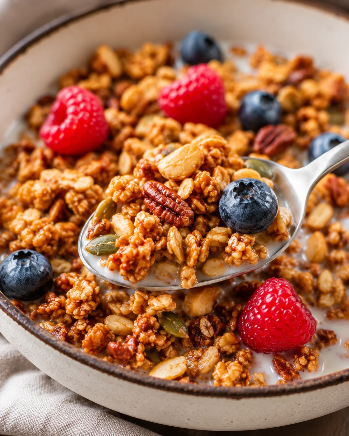 Keto Granola Cereal with Berries Close-up of crunchy keto granola cereal topped with fresh berries in a bowl.