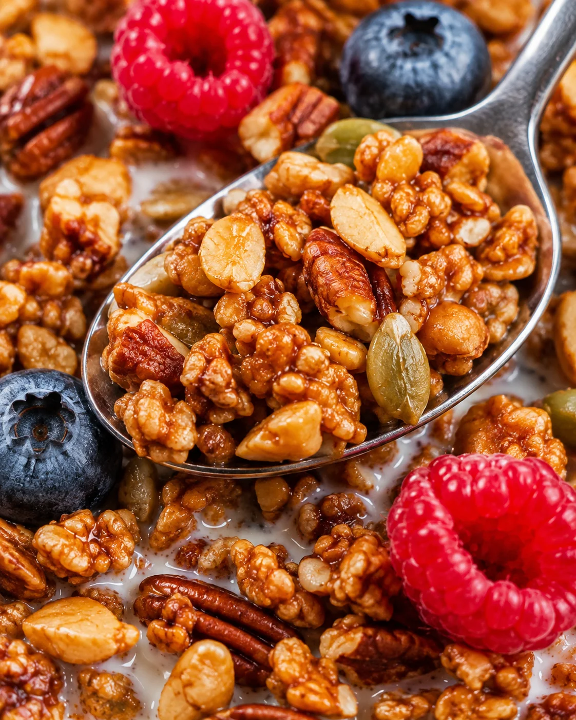 Keto Granola with Fruit Toppings Close-up of crunchy keto granola clusters with berries and seeds on top.