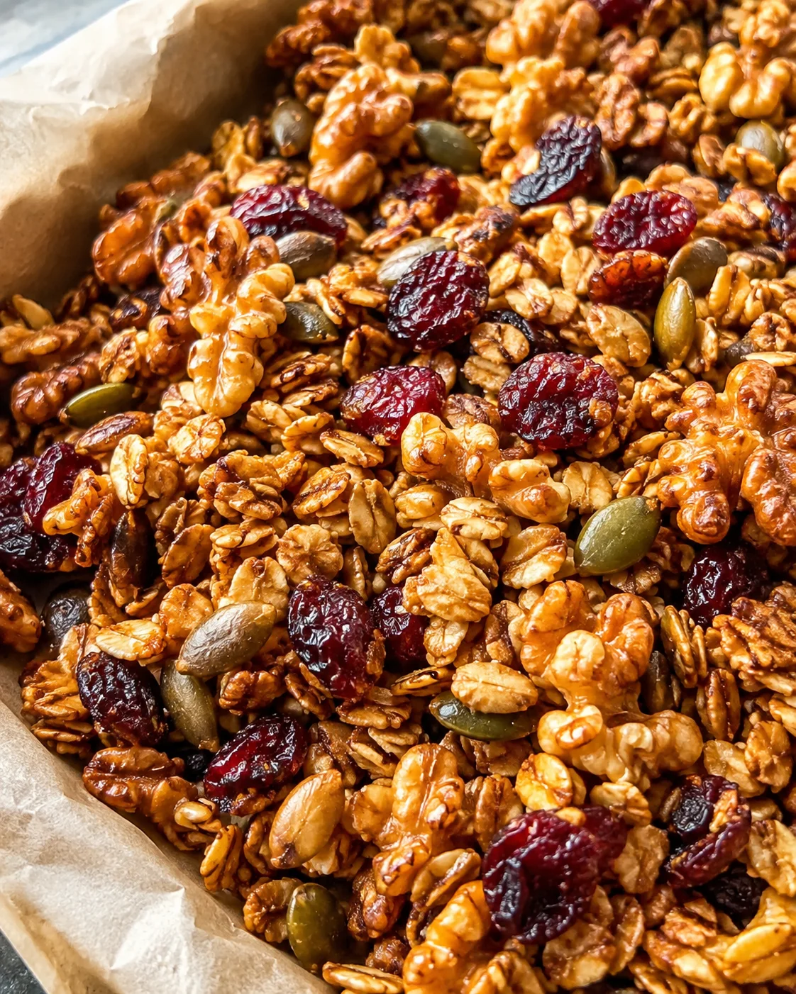 Air Fryer Cranberry Granola Crunchy homemade cranberry granola with oats, nuts, and dried cranberries in a baking sheet