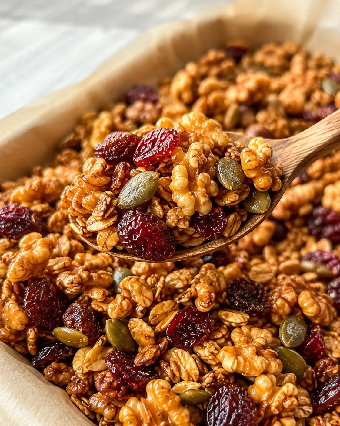 Air Fryer Cranberry Granola Close-up of homemade cranberry granola with nuts and dried cranberries in a wooden bowl