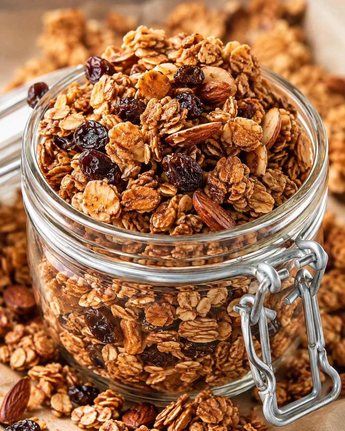 Crunchy cinnamon raisin granola clusters in a glass jar with spilled pieces.