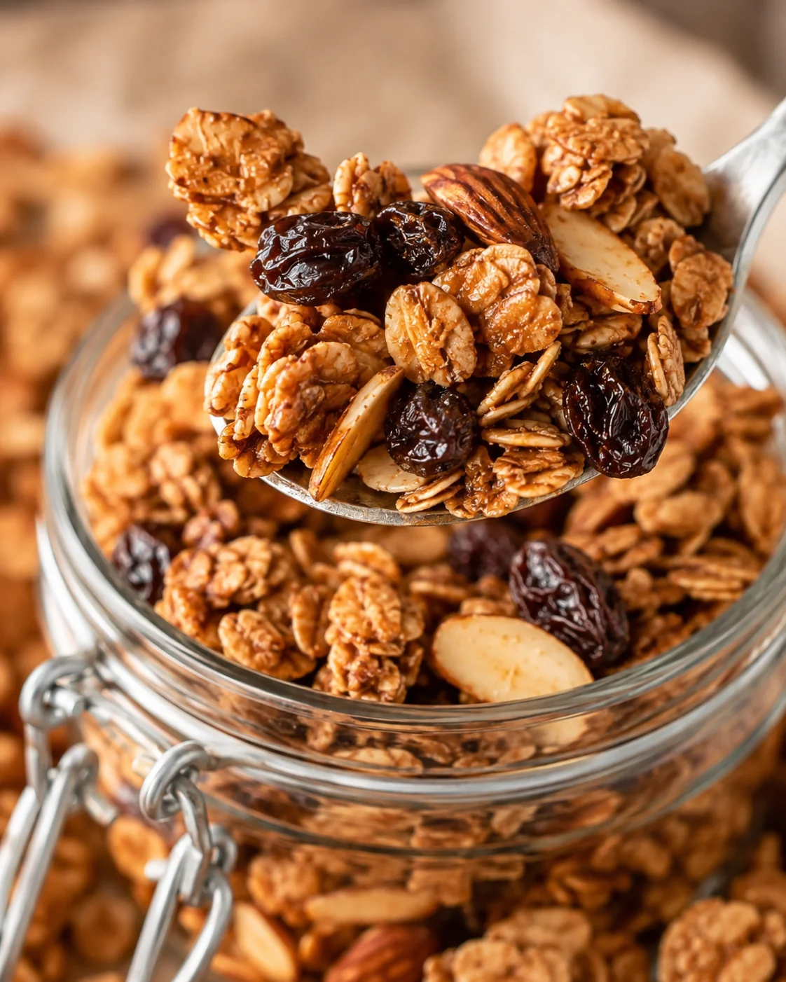Close-up of crunchy cinnamon raisin granola clusters with nuts and dried fruit