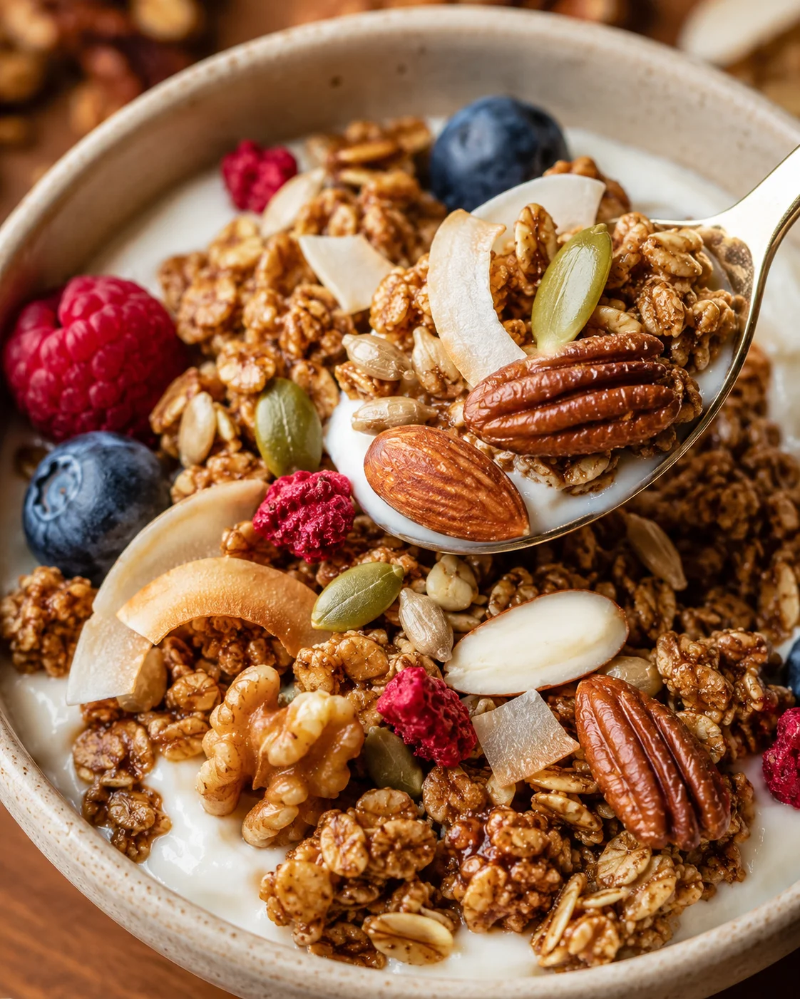 Low Carb Keto Granola Crunch Close-up of crunchy keto granola with nuts, seeds, and coconut chips in a bowl