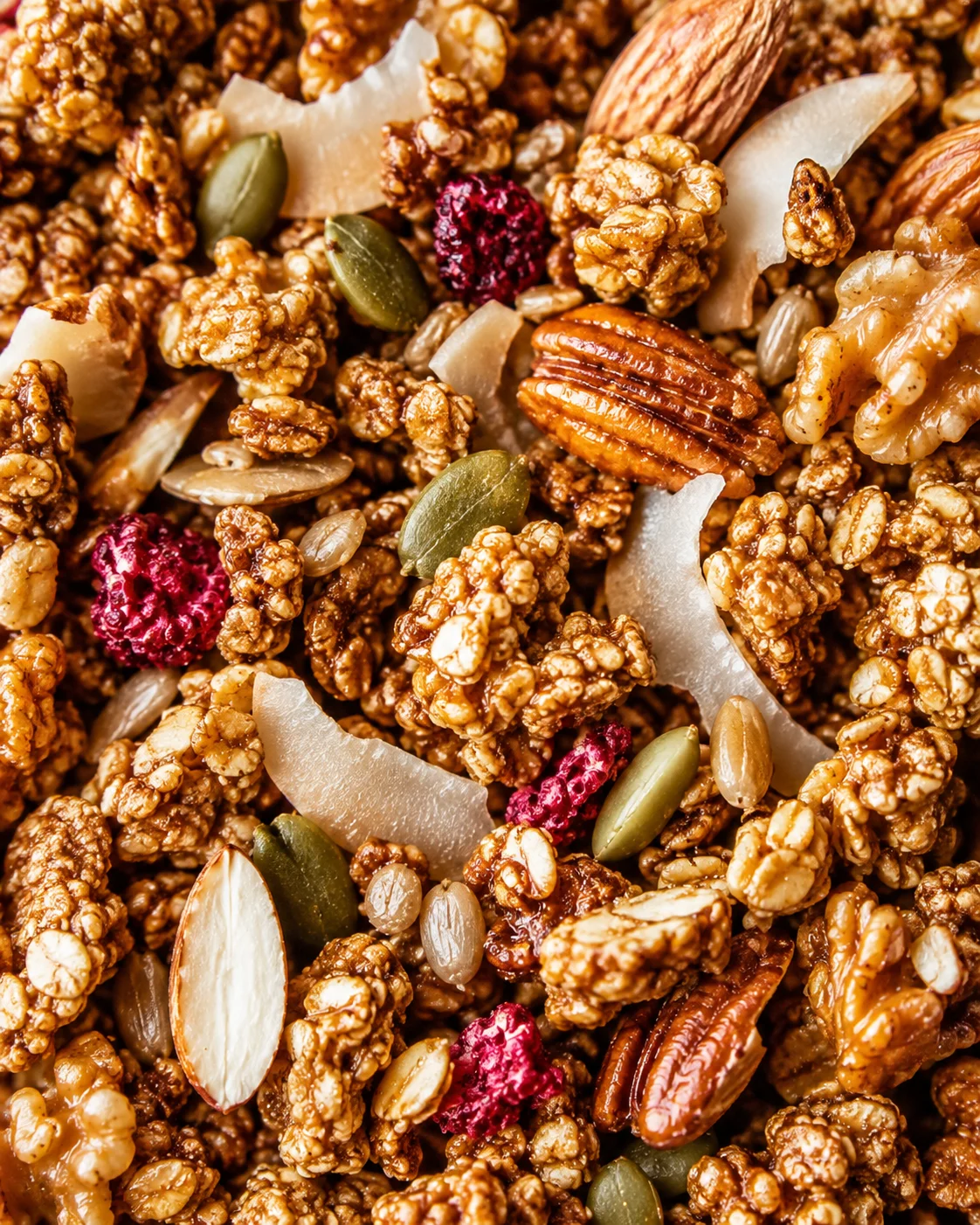 Crunchy Low Carb Keto Granola Close-up of homemade keto granola with nuts, seeds, and coconut chips.