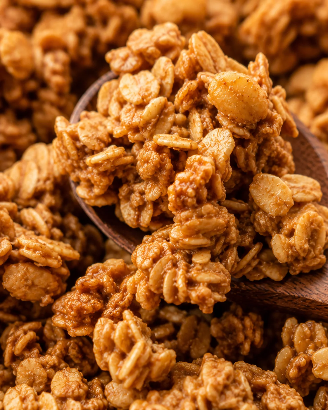 Close-up of crunchy, golden peanut butter granola on a wooden spoon