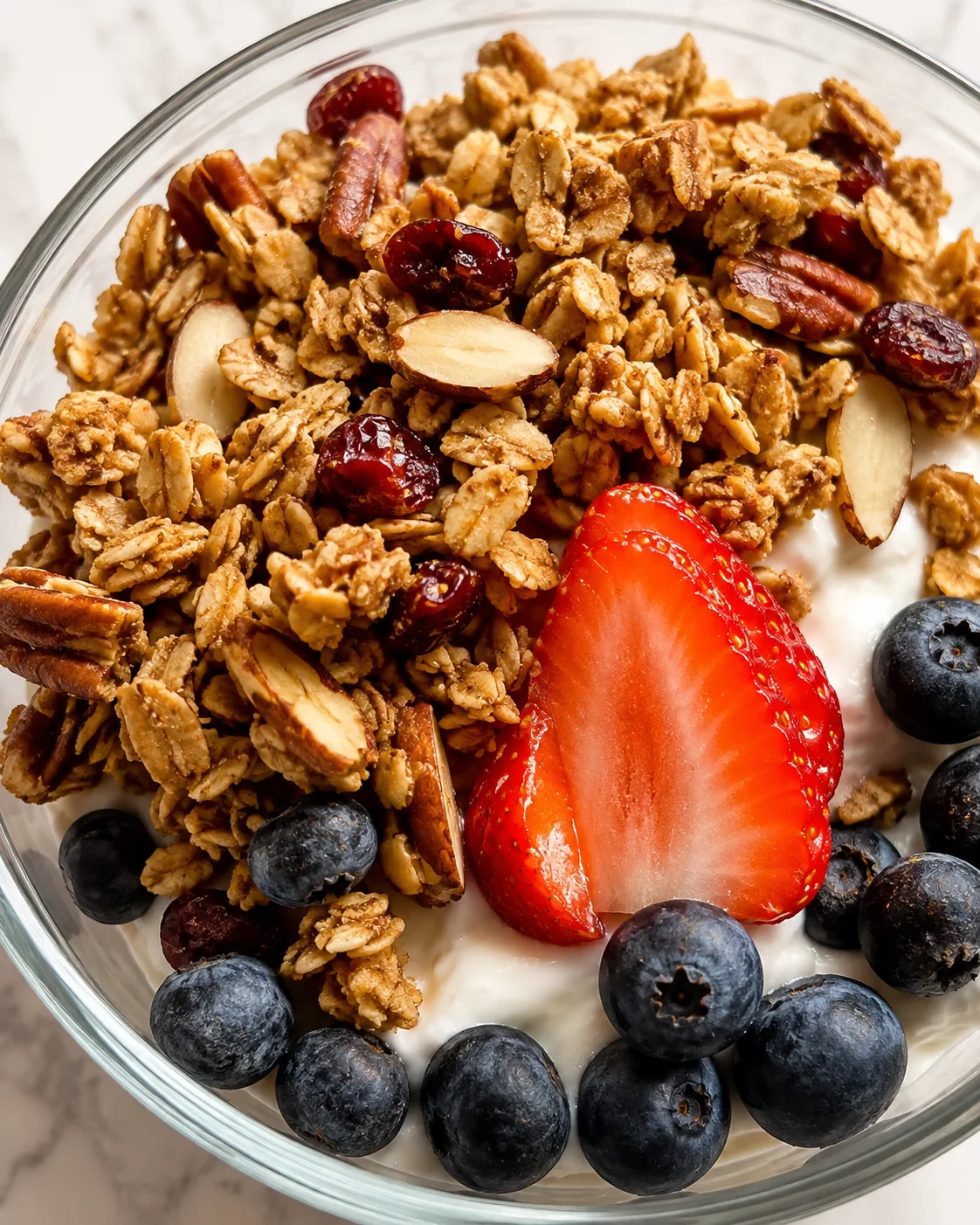 Homemade Sourdough Granola Crunchy sourdough granola topped with fresh berries and almonds
