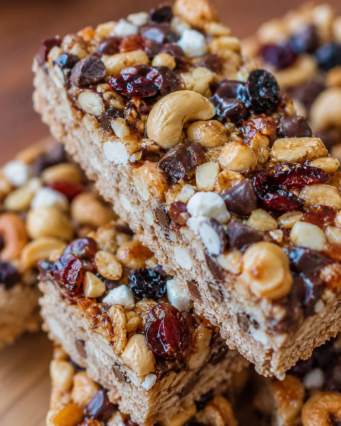 Close-up of homemade granola bars with nuts, dried fruits, and honey drizzle.