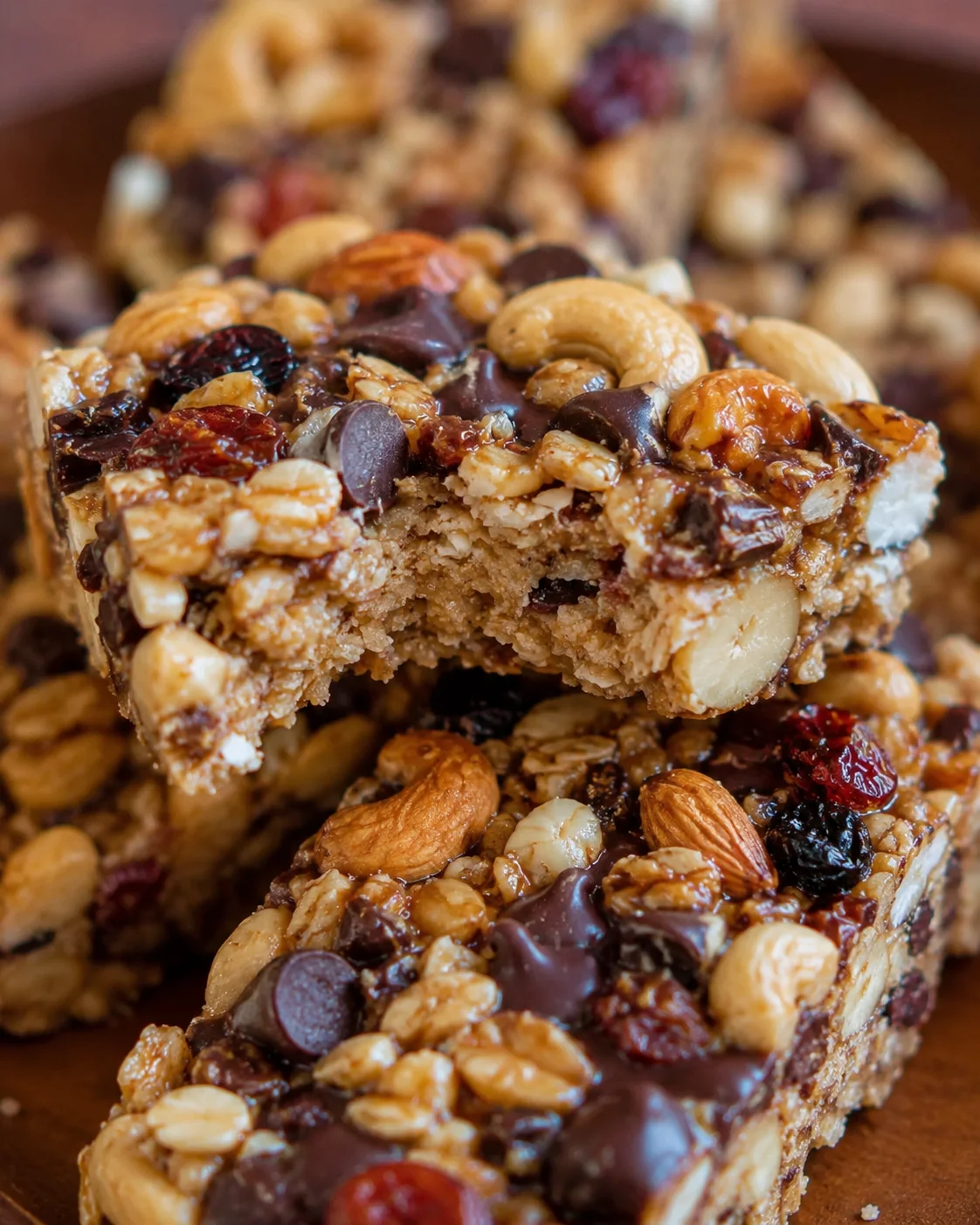 Close-up of homemade chewy granola bars topped with nuts and dried fruit.