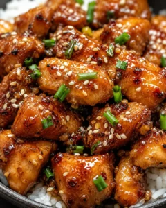 glazed crispy chicken bites with sesame seeds and chopped scallions over white rice