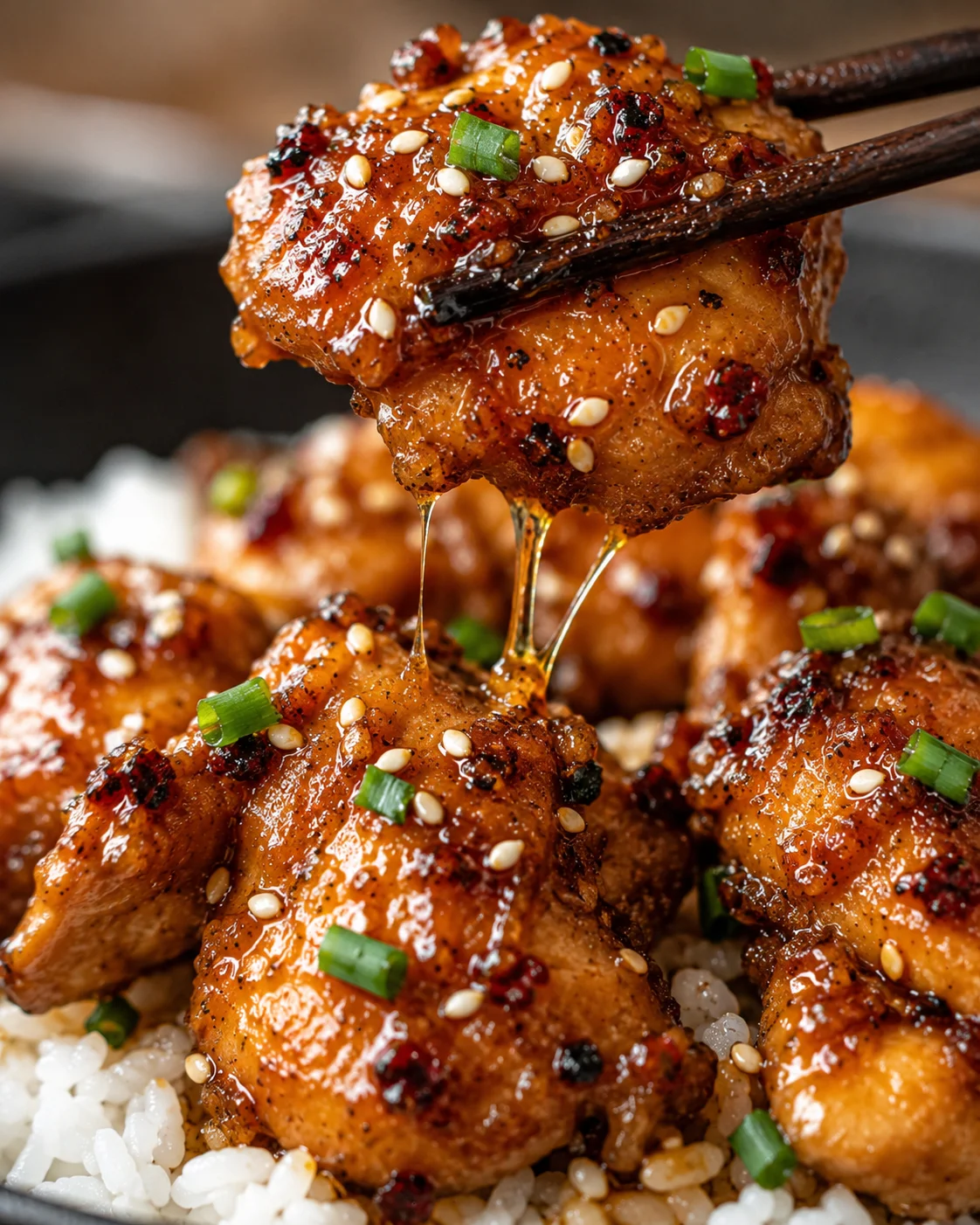 Close-up of tender chicken being dipped into sweet honey garlic sauce with sesame seeds.
