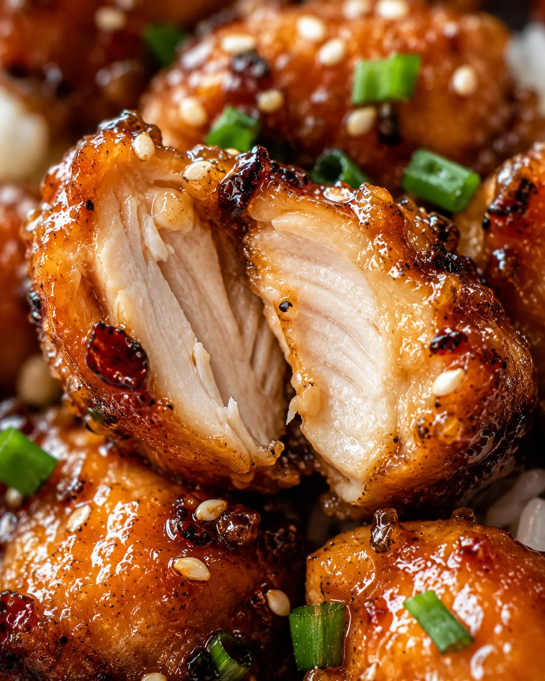 Close-up of glossy fried chicken pieces with sesame seeds and green onions.