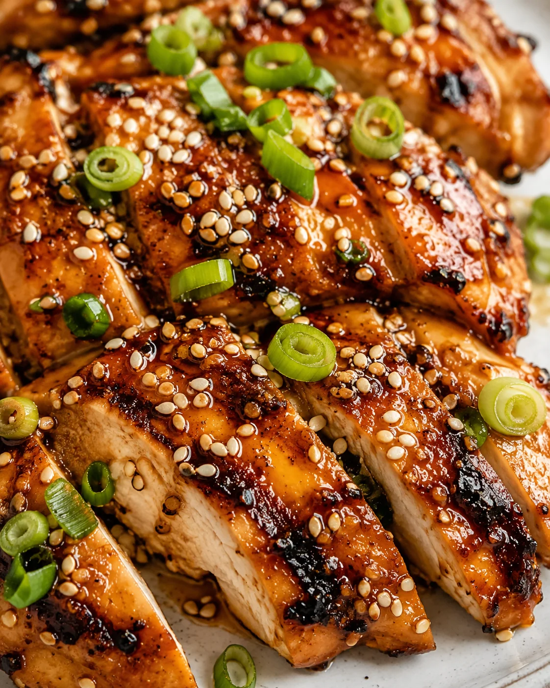 Juicy grilled sesame chicken topped with scallions and sesame seeds, garnished beautifully.