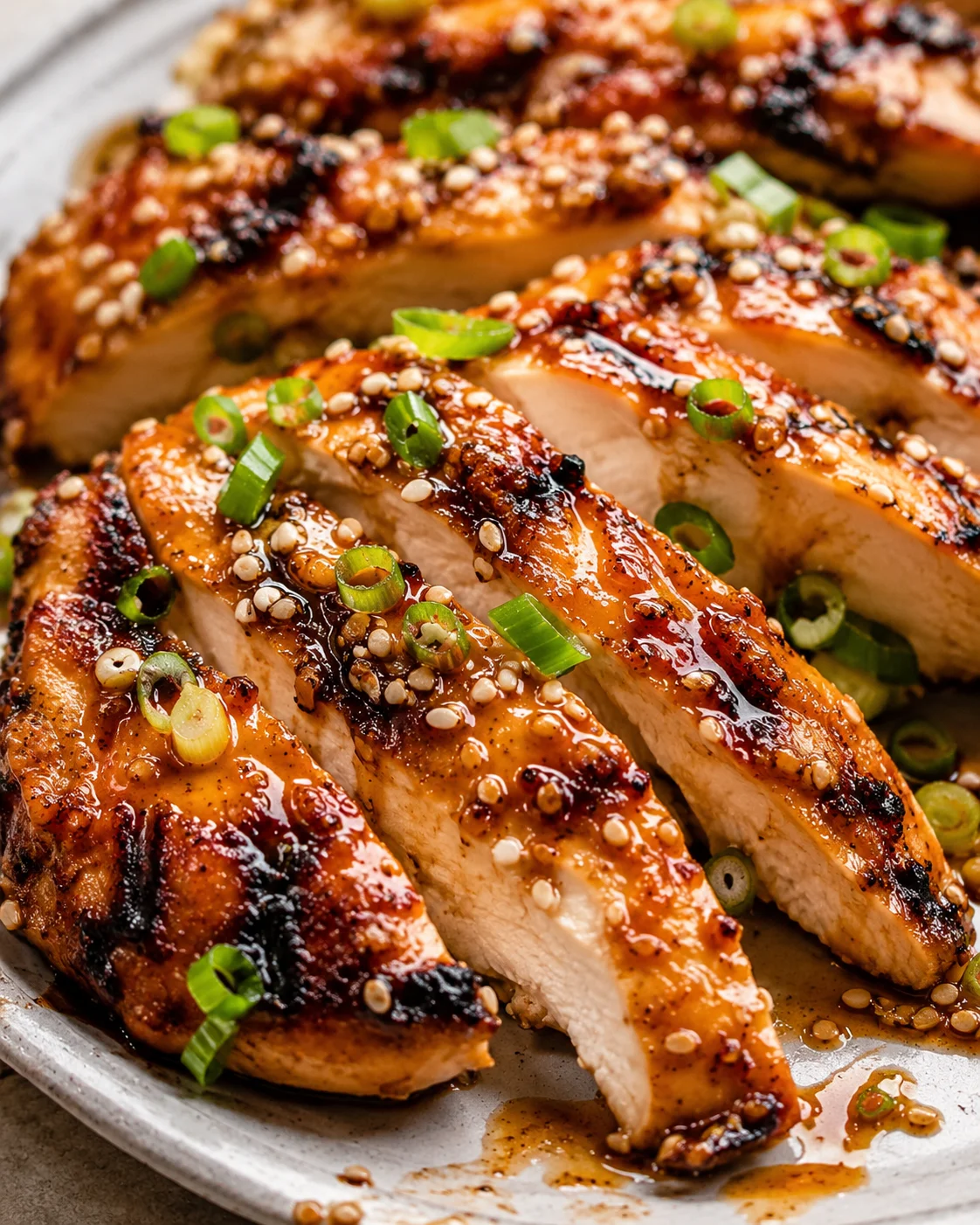 Juicy grilled sesame chicken with scallions and sesame seeds on a plate.