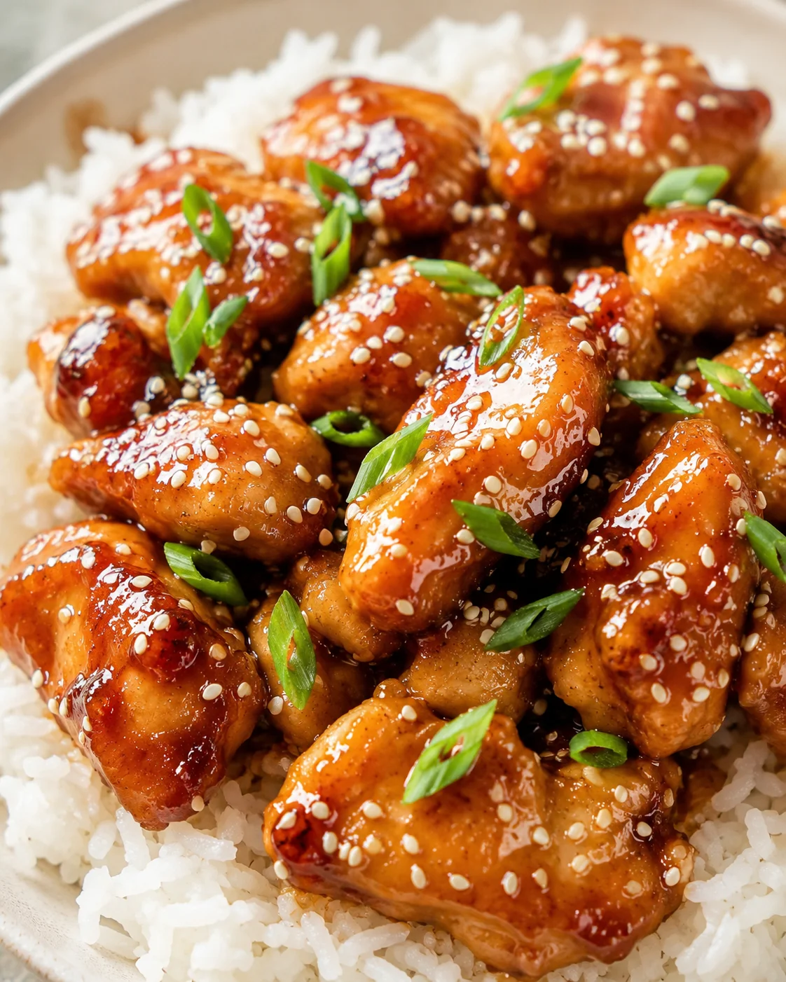 Delicious sesame chicken served over rice with green onions and sesame seeds.