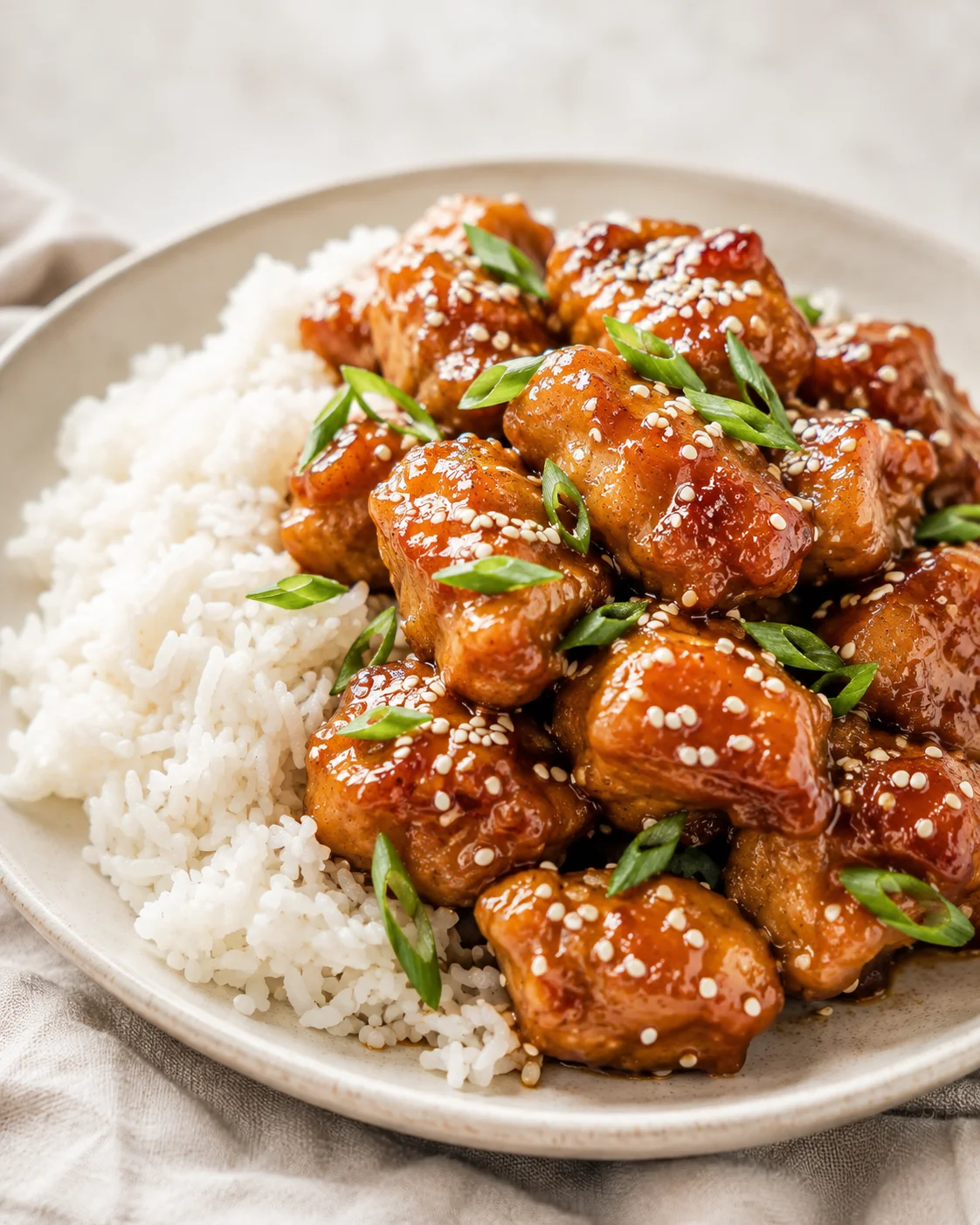 Close-up of sesame chicken served with steamed rice and garnished with green onions.