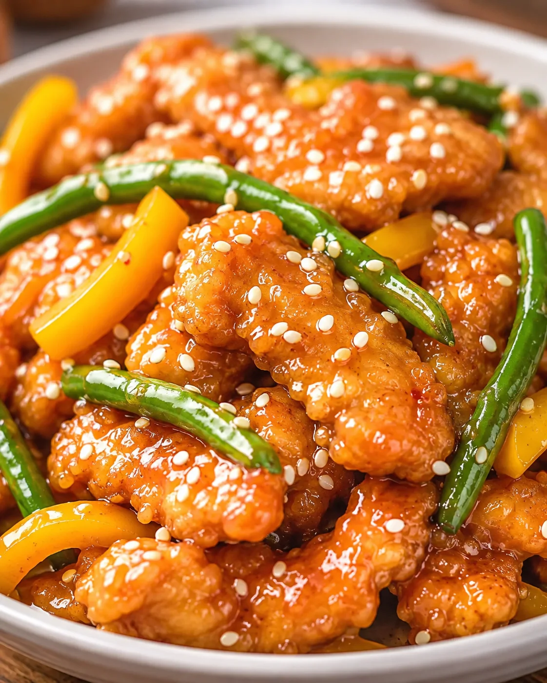 Crunchy honey sesame chicken with colorful bell peppers and green beans on a white plate.
