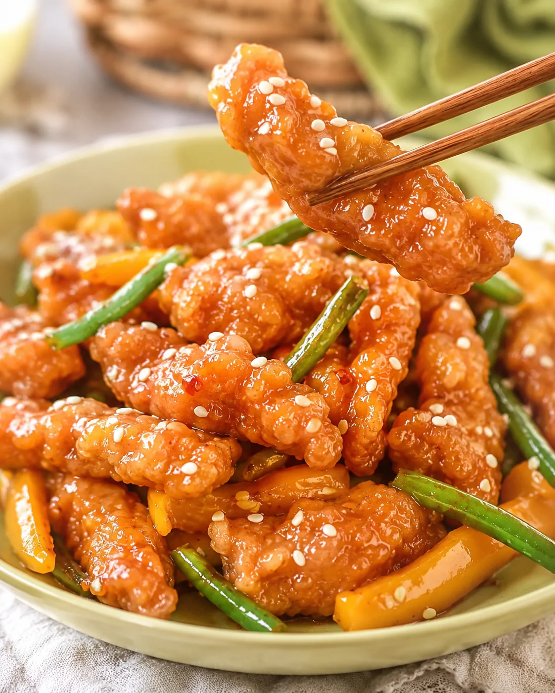 Crispy honey sesame chicken with colorful vegetables on a plate