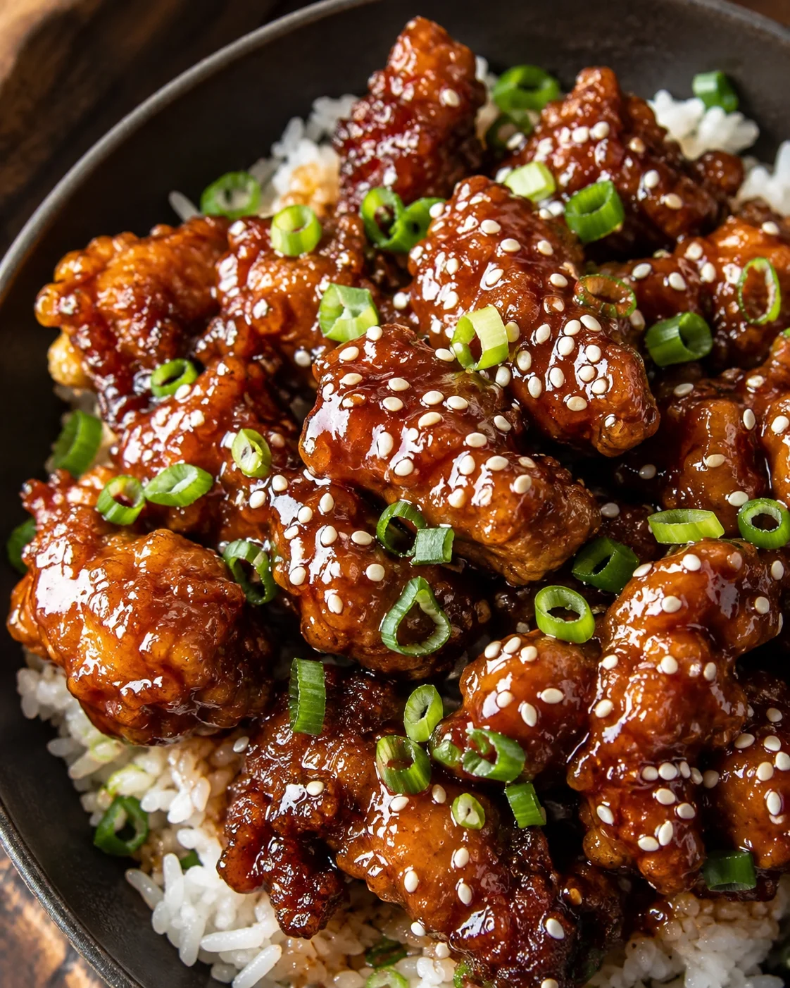 Air Fryer Sesame Chicken Crispy, glazed sesame chicken pieces garnished with green onions and sesame seeds.