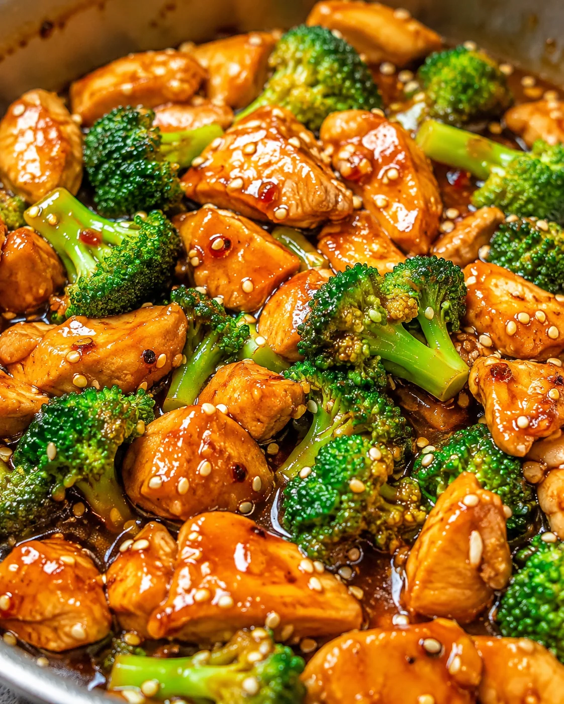 Stir-fried sesame chicken with vibrant broccoli in a savory sauce in a pan