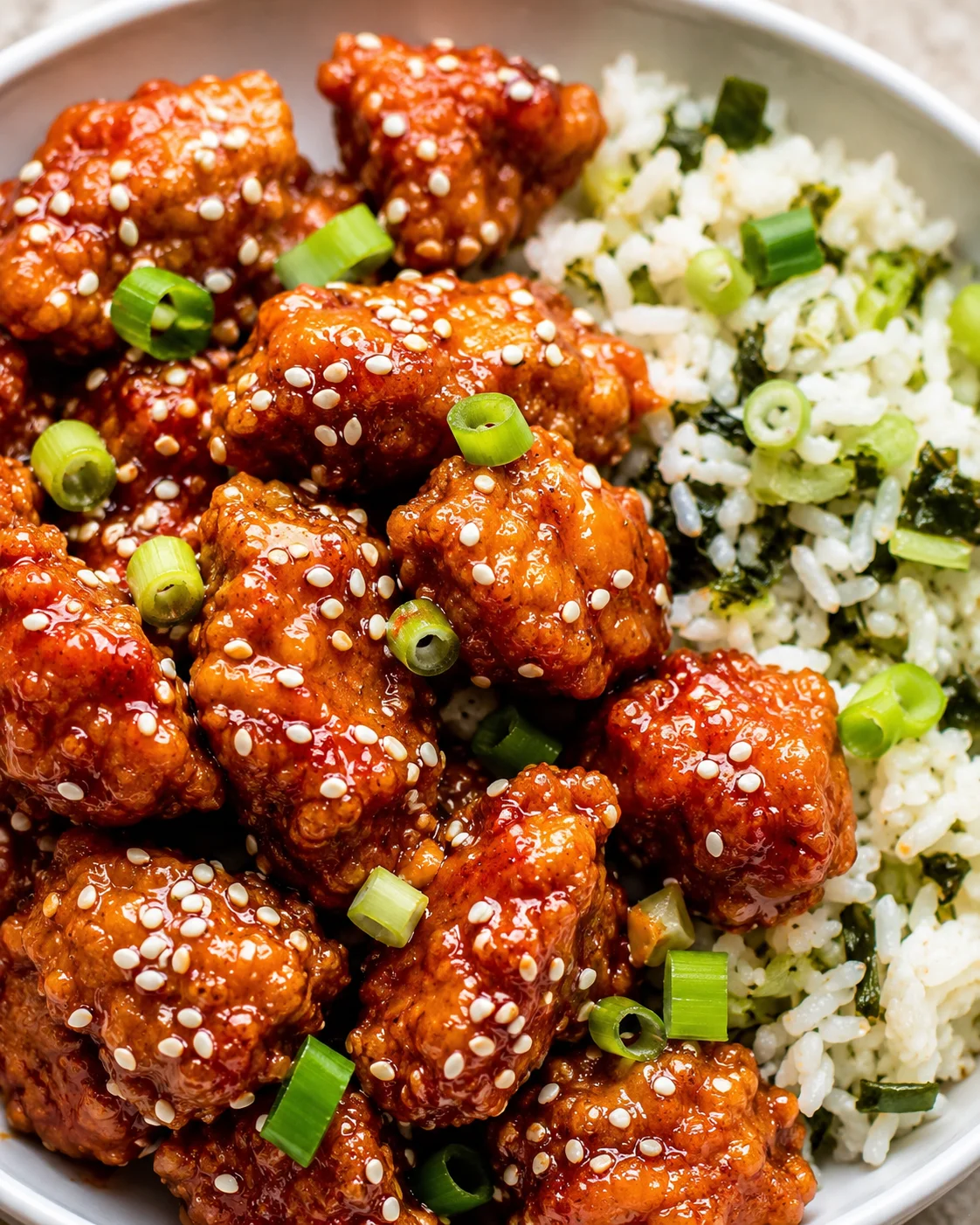 Sticky Sesame Chicken with Rice Close-up of glazed sesame chicken pieces garnished with green onions on rice