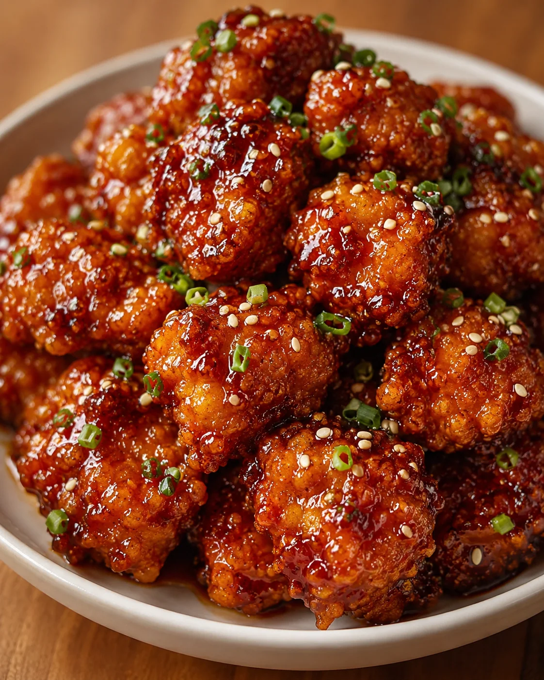 Crispy Sesame Chicken Recipe Plate of golden crispy sesame chicken glazed with shiny sesame sauce, garnished with scallions.