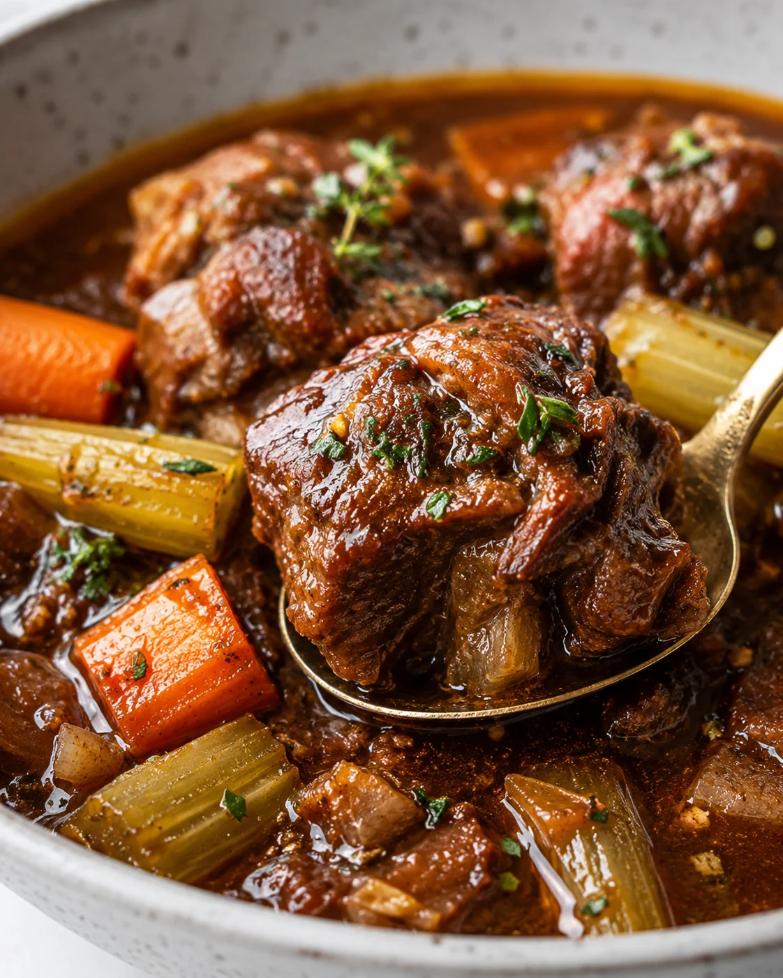 Close-up of tender oxtail with vegetables in rich broth.