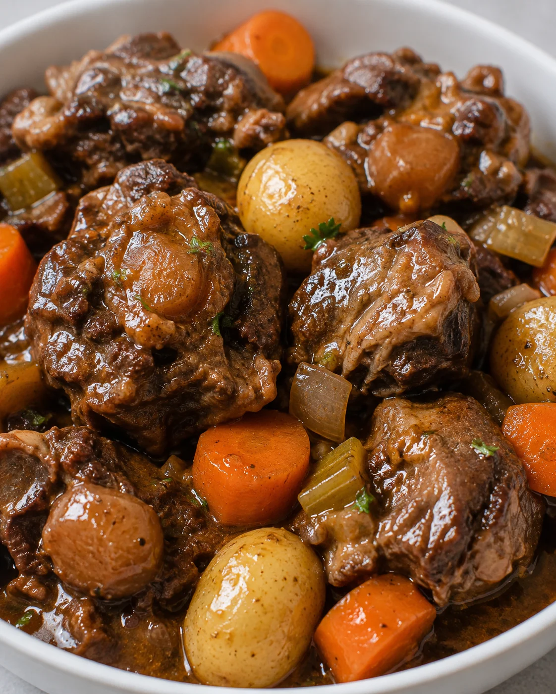 Slow-cooked oxtail stew with carrots, potatoes, and rich broth in a bowl.