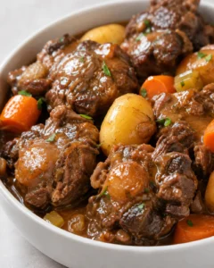 tender beef, potatoes, and carrots in a rich brown gravy in a white bowl