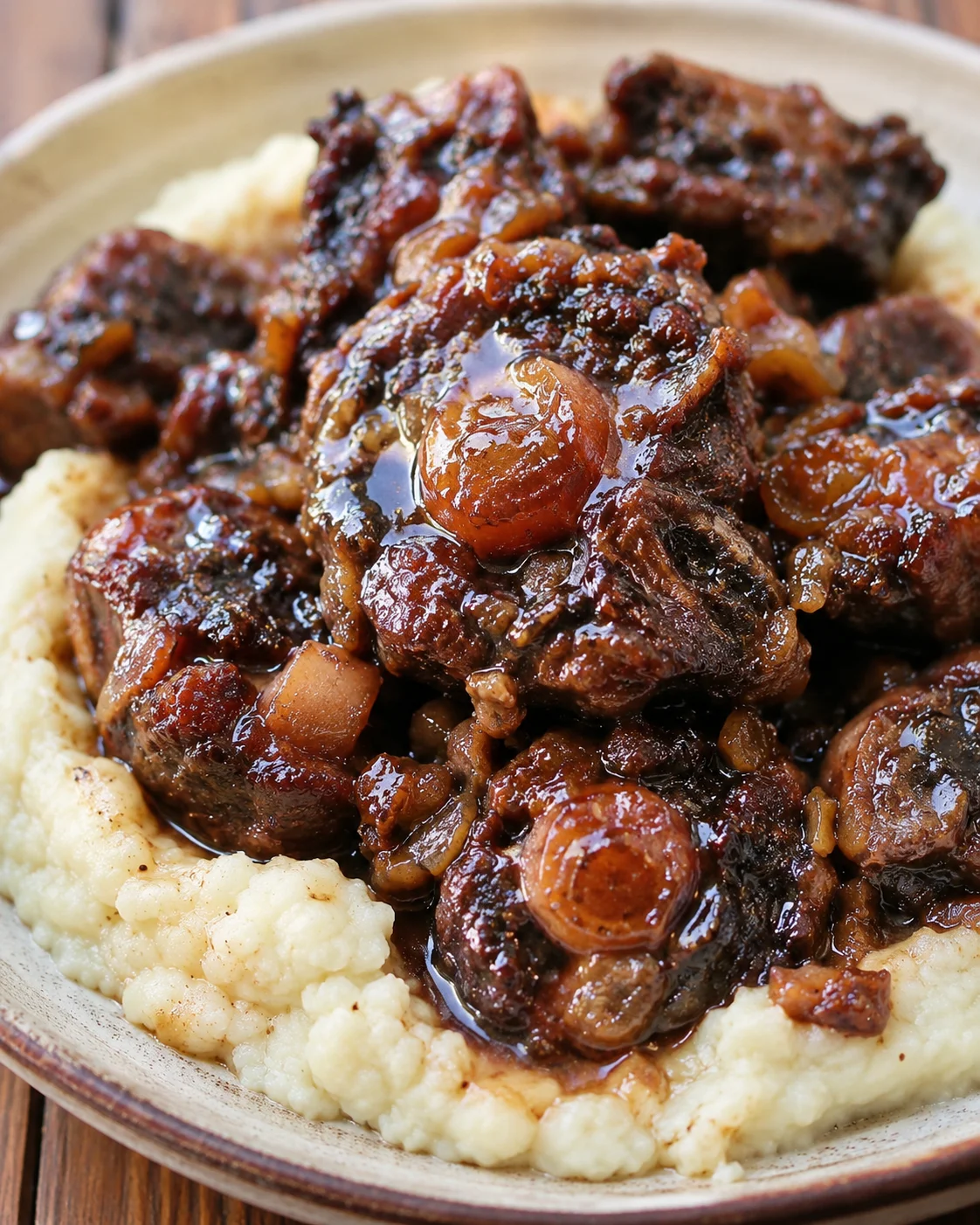 Rich and tender slow cooker oxtail served over creamy mashed cauliflower.