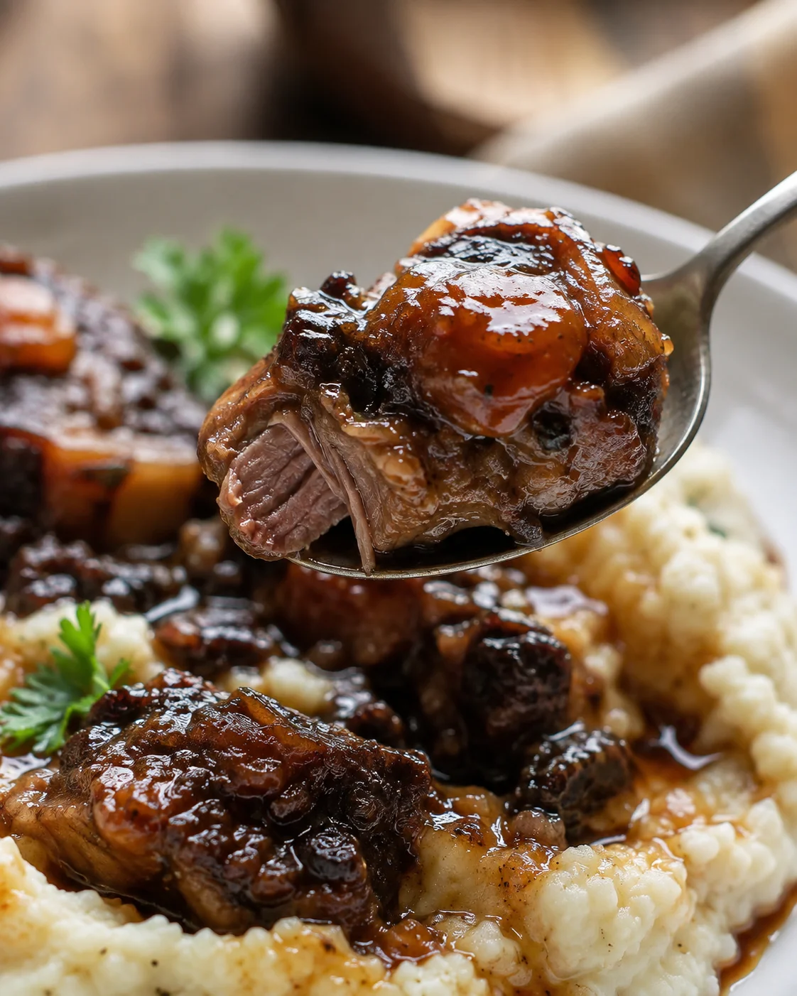 Tender, flavorful oxtail served over creamy mashed cauliflower in a hearty dish.