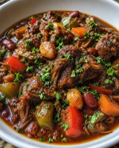 White bowl of beef stew with carrots, potatoes, beans, and parsley garnish.