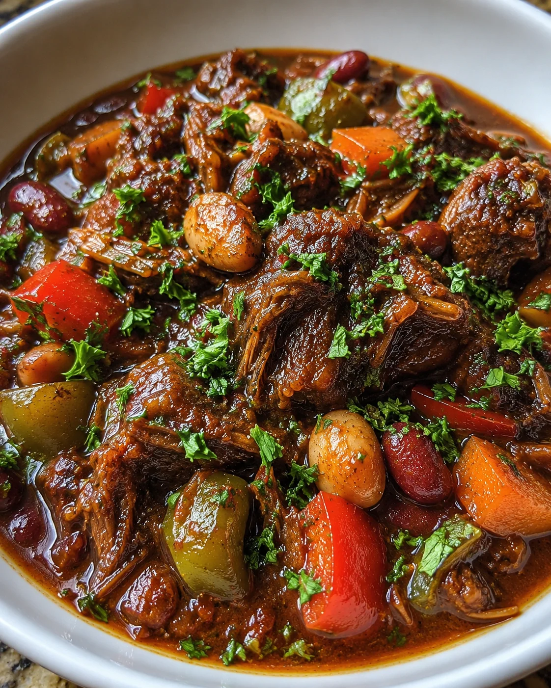 Hearty vegan jackfruit oxtail stew with vegetables and rich sauce.