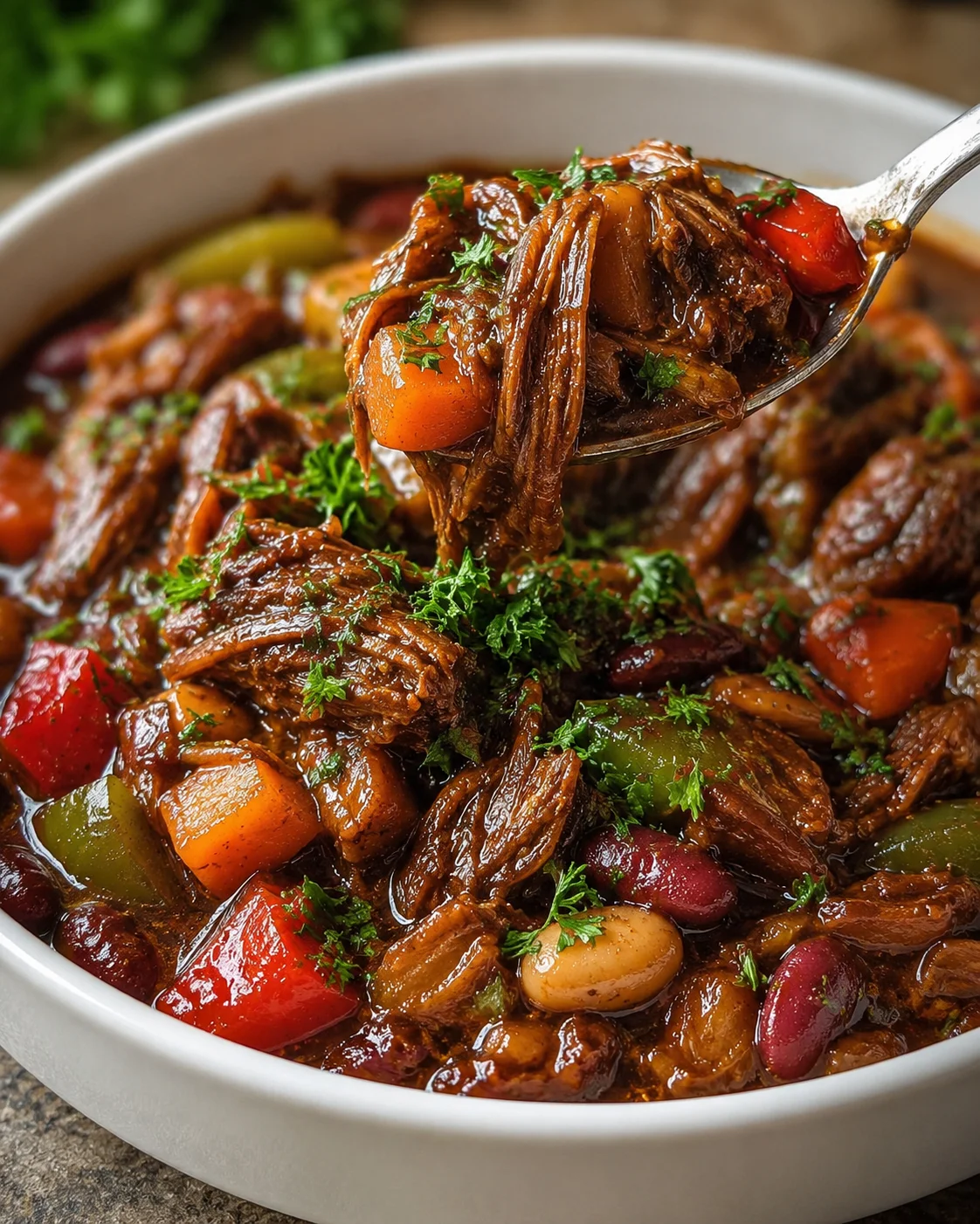 Hearty vegan jackfruit oxtail stew served in a white bowl, close-up shot.