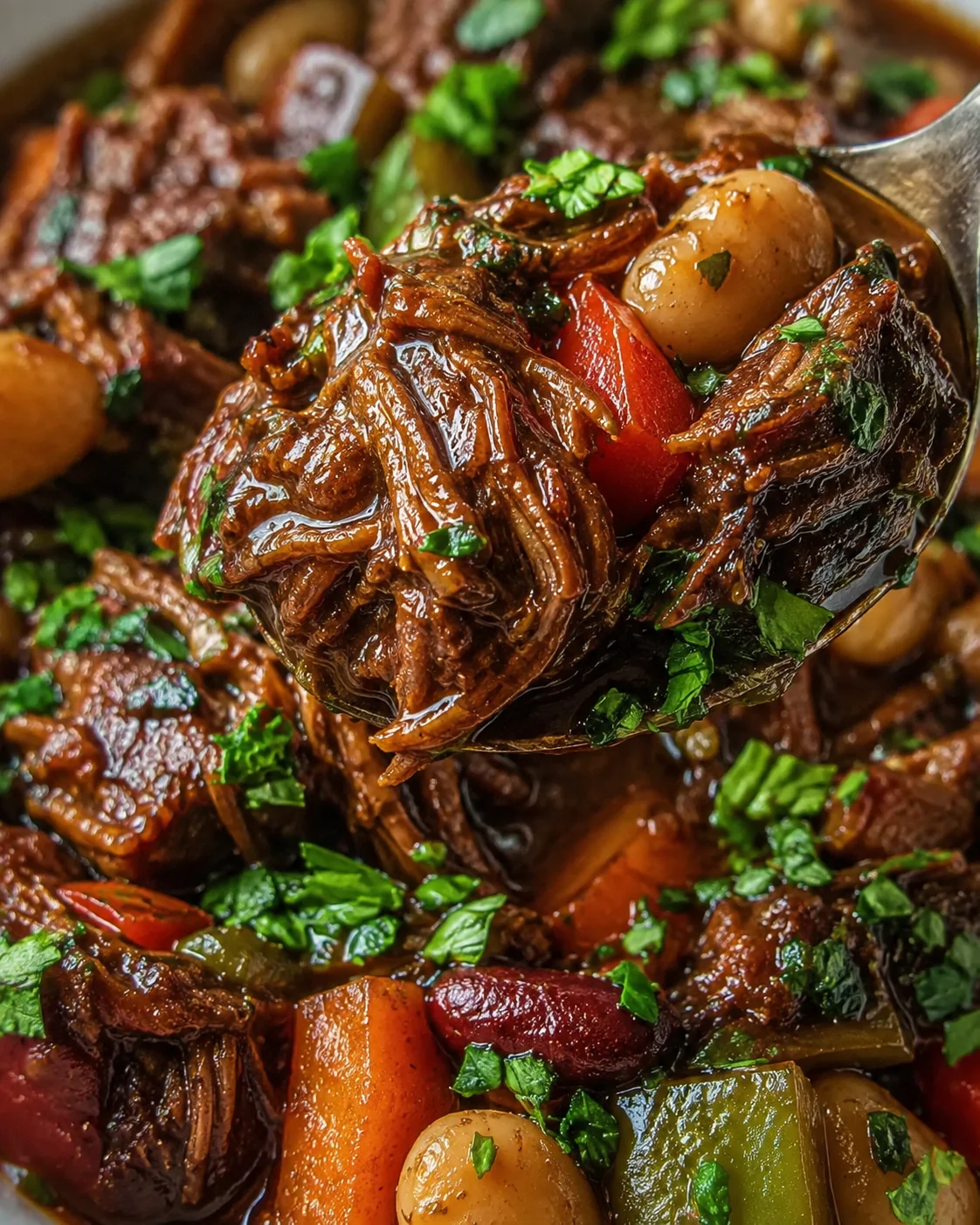 Close-up of hearty vegan jackfruit oxtail stew with vegetables and herbs