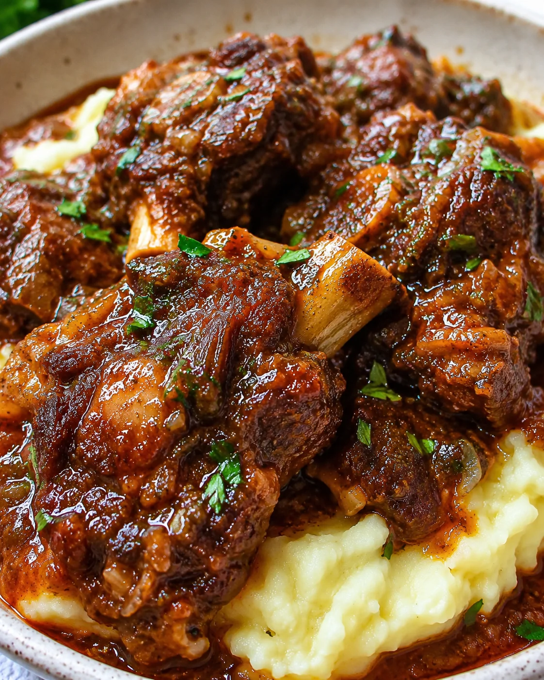 Close-up of tender oxtail pieces in a rich, hearty sauce with herbs and spices.