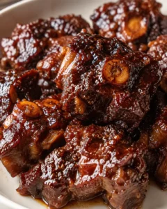 Close-up of glossy, caramelized bone-in ribs piled in a white bowl.