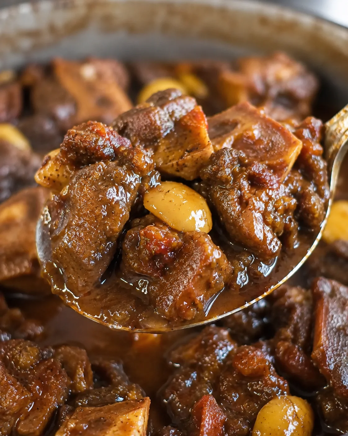Close-up of tender, flavorful Jamaican oxtail stew with beans and rich gravy