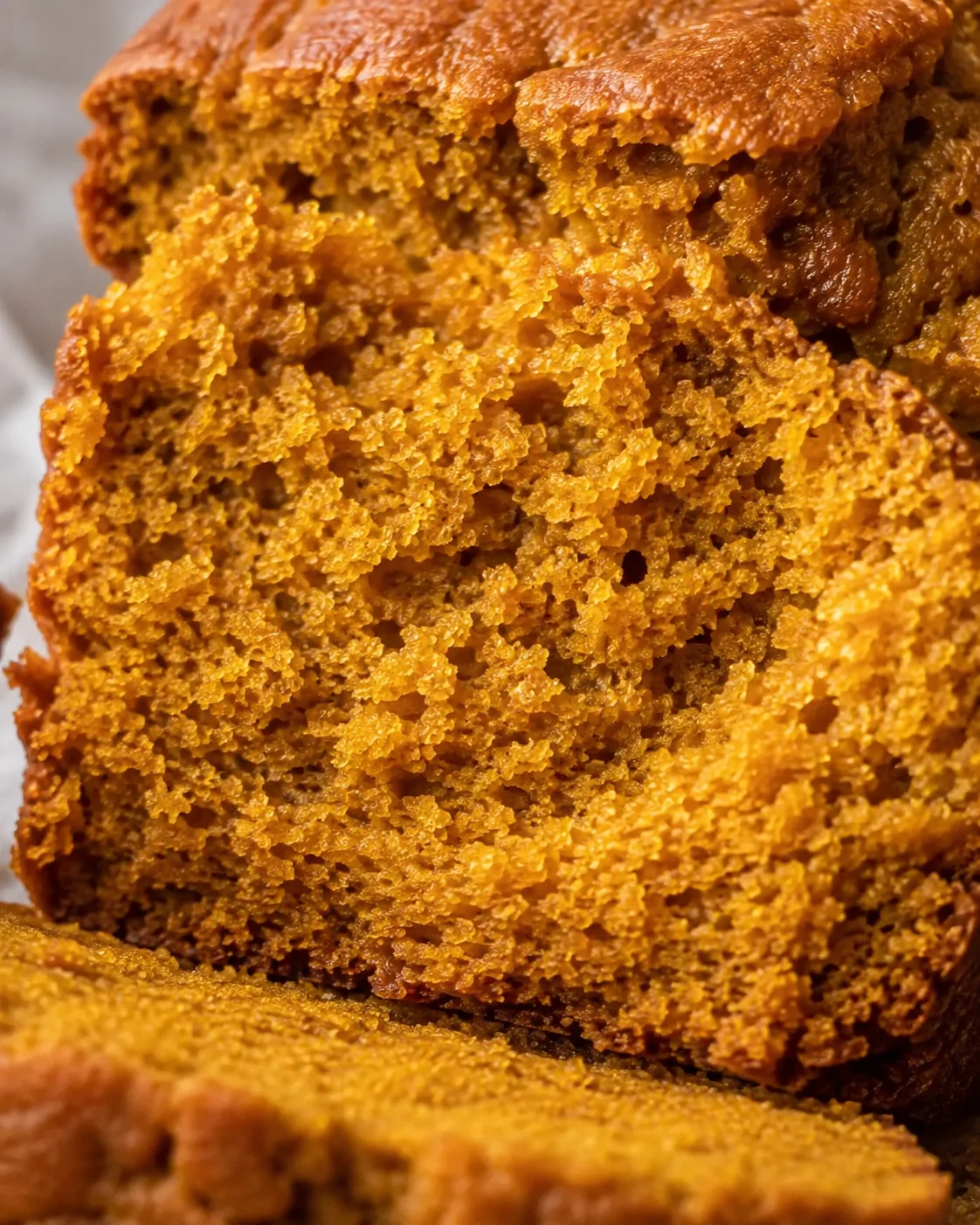 Close macro of moist sour cream pumpkin bread crumb
