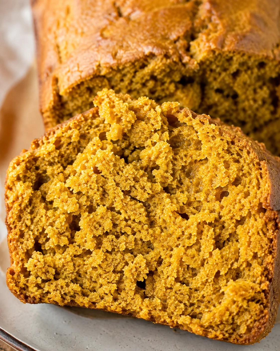 close-up of the interior crumb of sweetened condensed milk pumpkin bread