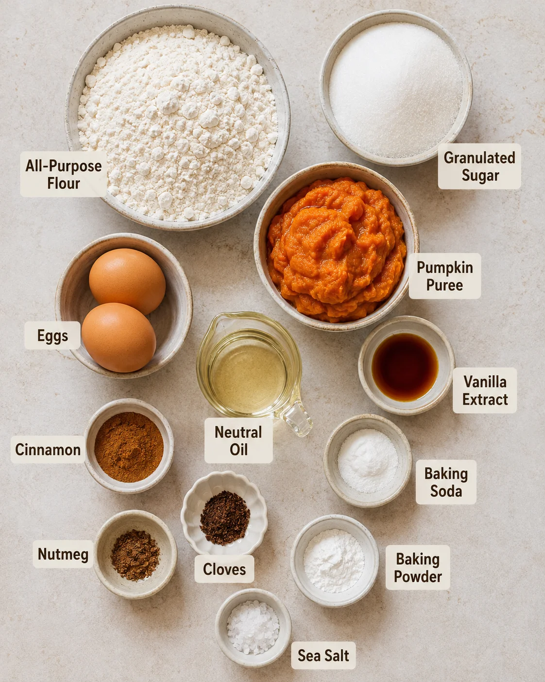 Top-down view of measured ingredients for pumpkin bread in bowls labeled on a neutral surface