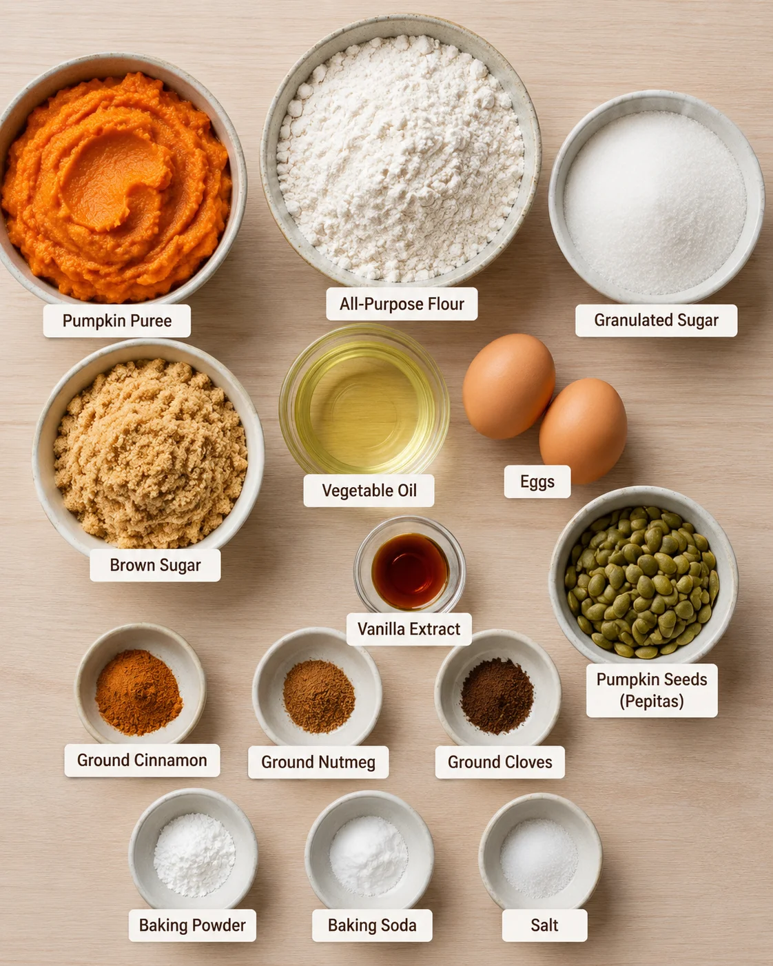Top-down arrangement of ingredients for Starbucks pumpkin bread including pumpkin puree, flour, sugars, oil, eggs, spices and pumpkin seeds