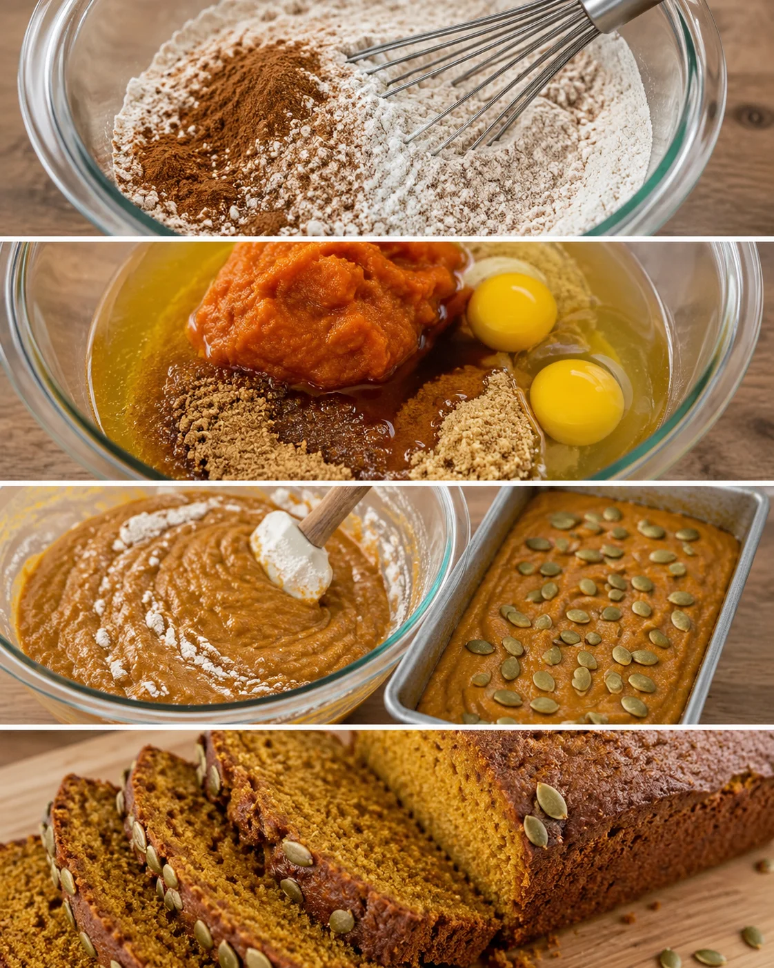 Collage of mixing and preparation steps for Starbucks pumpkin bread showing dry ingredients whisked, wet ingredients in bowl, batter being mixed and loaf pan fl